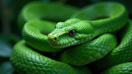 Fototapeta premium A coiled green snake against a green natural background. Symbol of New Year according the Eastern calendar. Fear and snakephobia concept. A dangerous reptile. Poisonous animal