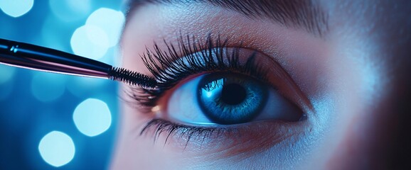 A close-up of an eye with mascara being applied, highlighting beauty.