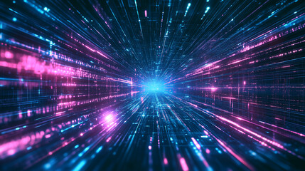 Abstract Pink and Blue laser light beam tunnel background. A futuristic virtual space illuminated by mysterious lights