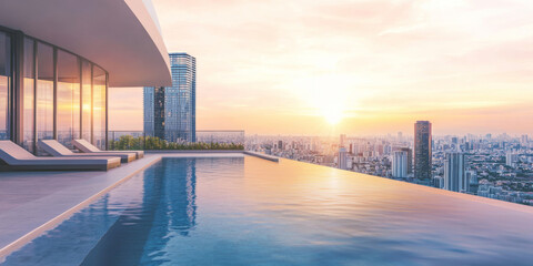A modern rooftop pool with an infinity edge overlooking a stunning cityscape at sunset. The luxurious setting is ideal for travel and lifestyle themes.