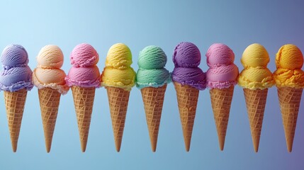 Row of colorful ice cream cones.