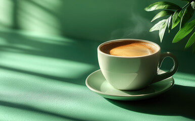 White mug with coffee framed by greenery and sun rays, perfect combination of nature and coziness. Minimalistic composition with cup of coffee on soft green background for relaxation concept