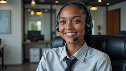 African American female telemarketing specialist with professional appearance consulting clients