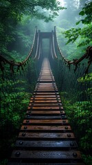 Fototapeta premium A serene suspension bridge stretches through a lush green forest, inviting exploration and adventure.