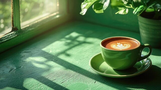 A cup of aromatic coffee against the background of a green interior and leaves, symbolizing morning awakening.