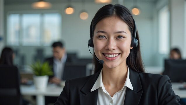 Asian customer service representative with friendly smile delivering virtual support