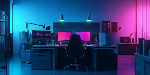 A modern tech workspace background with sleek desks, glowing monitors, and futuristic lighting. The clean and organized layout conveys productivity and innovation.