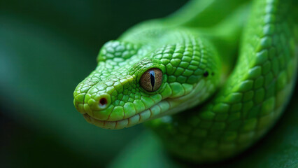 Fototapeta premium A coiled green snake against a green natural background. Symbol of New Year according the Eastern calendar. Fear and snakephobia concept. A dangerous reptile. Poisonous animal