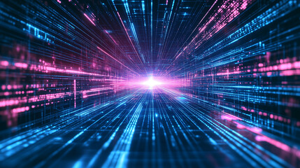 Obraz premium Abstract Pink and Blue laser light beam tunnel background. A futuristic virtual space illuminated by mysterious lights