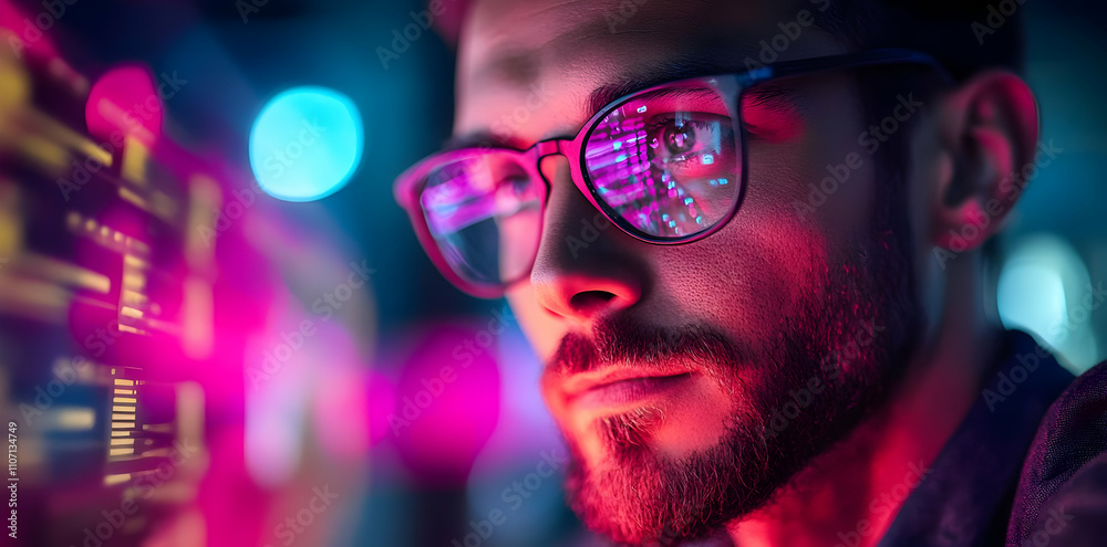 Poster a focused individual wearing glasses, illuminated by colorful screens and data visuals.