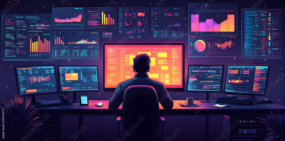 Aufkleber A person analyzes data on multiple screens in a tech-focused workspace.