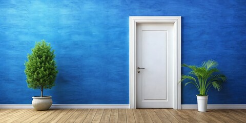 Fototapeta premium A striking white door stands out against a bold blue wall, showcasing architectural elegance, textured surfaces, and vibrant color contrasts in modern outdoor design.