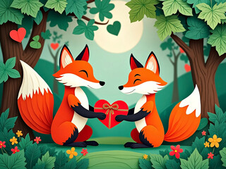Fototapeta premium Layered 3d paper cut illustration fox handing red heart shaped gift box with ribbon to another fox Valentines greeting card