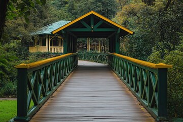 Obraz premium elegant pedestrian bridge covered with green and cream wooden shiny in lodge building 