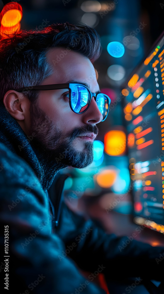 Aufkleber a focused individual working on a computer, illuminated by colorful lights.