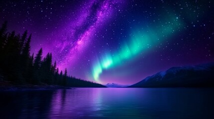 Naklejka premium Vibrant Northern Lights Dancing Over Calm Lake at Night