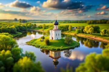 Obraz premium Stunning Tilt-Shift Photography of the Church of Intercession upon Nerl River in the Golden Ring of Russia, Capturing Architectural Beauty and Scenic Landscape in Miniature Style
