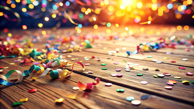  Colorful confetti and streamers, celebratory and joyful, scattered on a polished wooden floor, with copy space