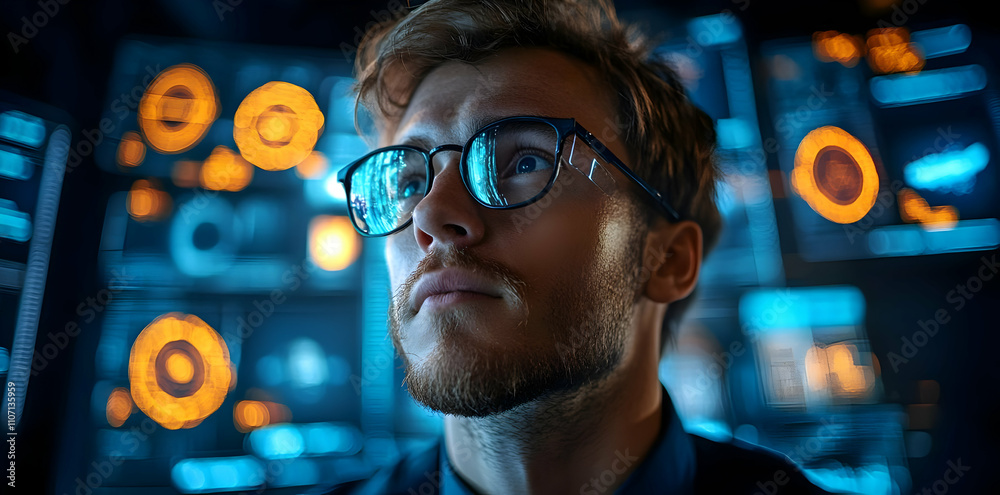 Poster a focused individual in glasses, surrounded by glowing digital displays and data visuals.