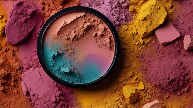 Vivid eye shadows powder. Vibrant cover design for a catalog or banner showcasing best-selling products of care and beauty items. Make-up background. 