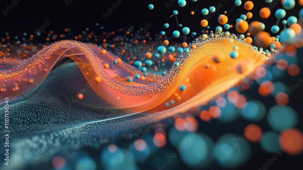 Poster a visual explanation of quantum mechanics with particles and wave functions