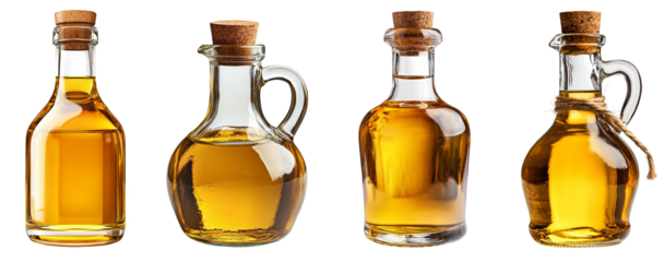 bottles of golden oil different shapes corked transparent background