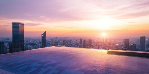 A modern rooftop pool with an infinity edge overlooking a stunning cityscape at sunset. The luxurious setting is ideal for travel and lifestyle themes.