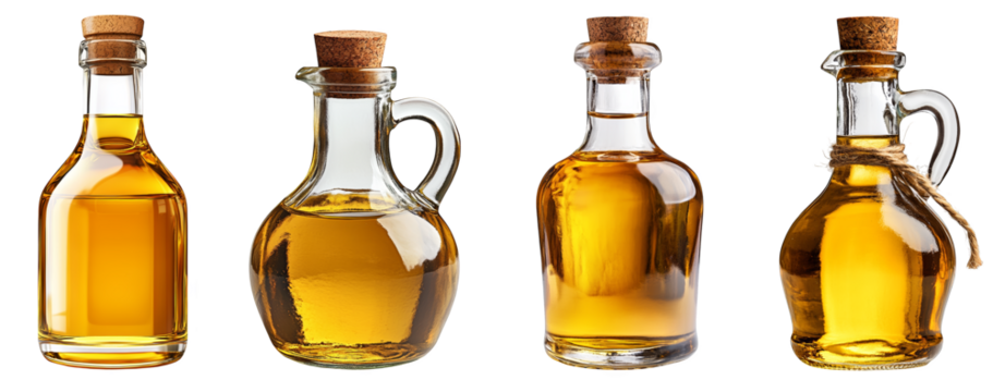 bottles of golden oil different shapes corked transparent background