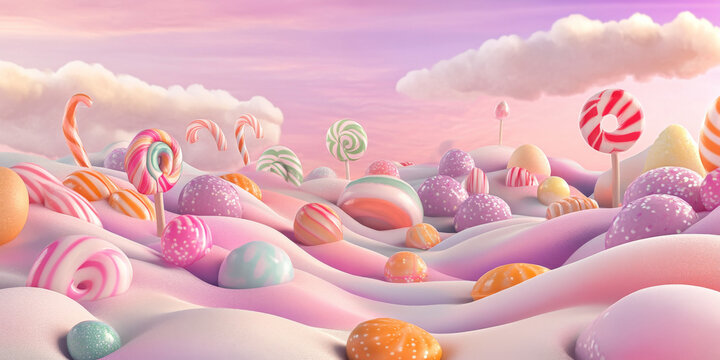 A whimsical candyland scene with rolling hills of colorful candy canes, lollipops, and gumdrops. The sky is a gradient of soft pinks and purples, with fluffy clouds shaped like cotton candy. A playful