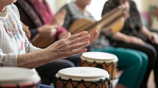 A music therapist conducting a drum circle therapy session with elderly residents in a nursing home, with musical instruments and therapeutic environment visible, Therapeutic style