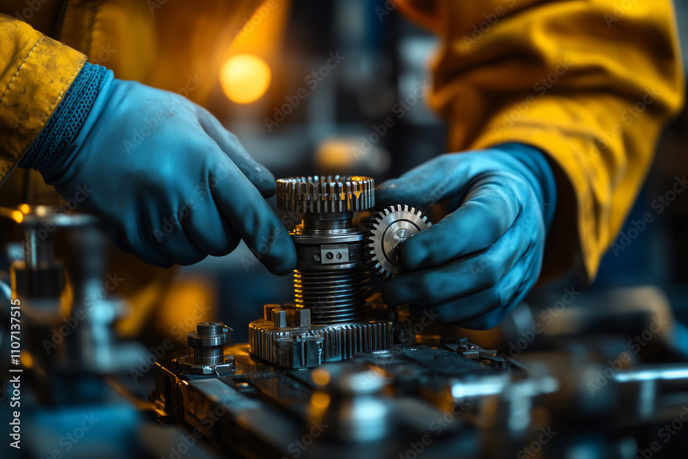 Poster Expert hands skillfully assembling gears in a busy workshop environment