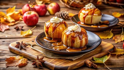 Baked Apples with Vanilla Ice Cream in Rustic Setting - Delicious Dessert Photography for Fall and Winter Recipes