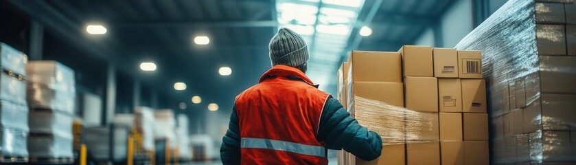 Worker loading a truck with products from a warehouse loading dock under bright overhead lighting