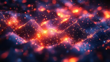A vibrant, abstract visualization of glowing particles and waves, showcasing a blend of fiery orange and deep blue tones.