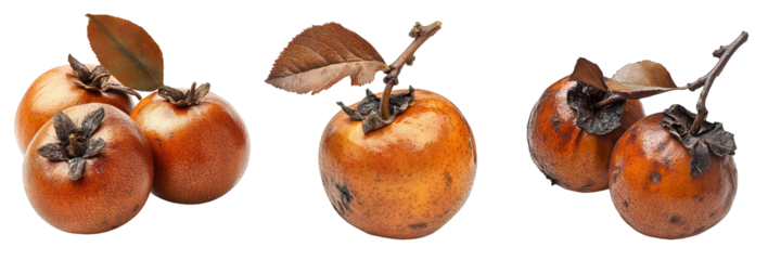 ripe medlar fruit trio with leaves realistic detail transparent background