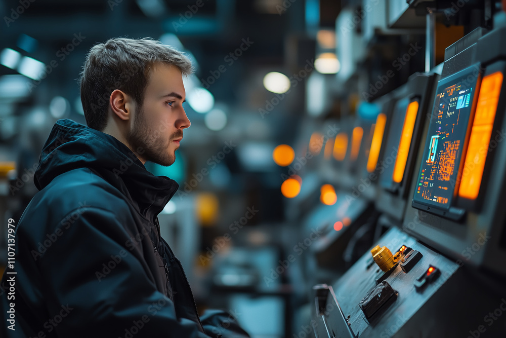 Poster monitoring precision machinery in a modern cnc production facility