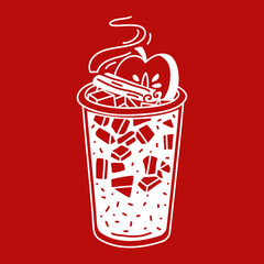 a glass of hot apple punch with apple slices and a stick of cinnamon on red. White silhouette autumn vitamin drink in a flat style. Non-alcoholic cocktail. Contrasting illustration