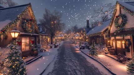 Enchanting Winter Wonderland Village Decorated with Festive Lights, Spruce Trees, and Soft Snowflakes Under a Starry Night Sky