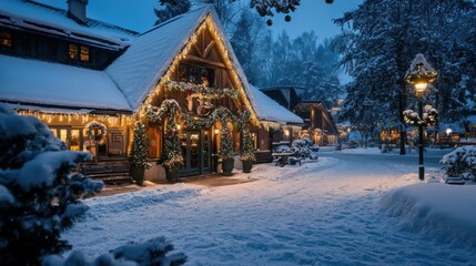 Cozy Winter Scene Featuring a Snow-Covered Cabin Adorned with Warm Holiday Lights and Decorations Amidst a Beautiful Snowy Landscape at Twilight