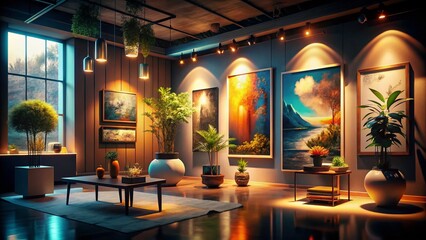 Stylish Art Showcase in Low Light Photography Featuring Generative AI Elements and Unique Art Pieces Displayed Creatively for Modern Aesthetic Appeal