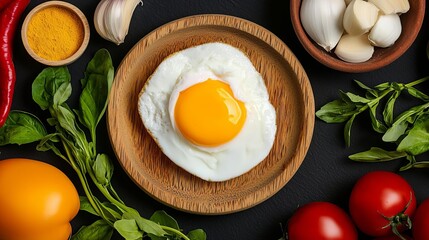 poached eggs recipe flavor concept. A vibrant arrangement of fresh ingredients featuring a fried egg, vegetables, herbs, and spices, showcasing culinary artistry and healthy eating.