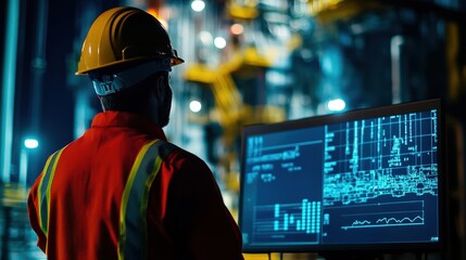 A worker monitors a digital display showing the progress of oil drilling deep underground.