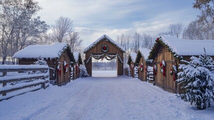 Naklejka premium Snowy Winter Landscape Featuring Rustic Sheds with Christmas Decorations, Festive Wreaths, and a Serene Pathway in a Beautiful Country Setting