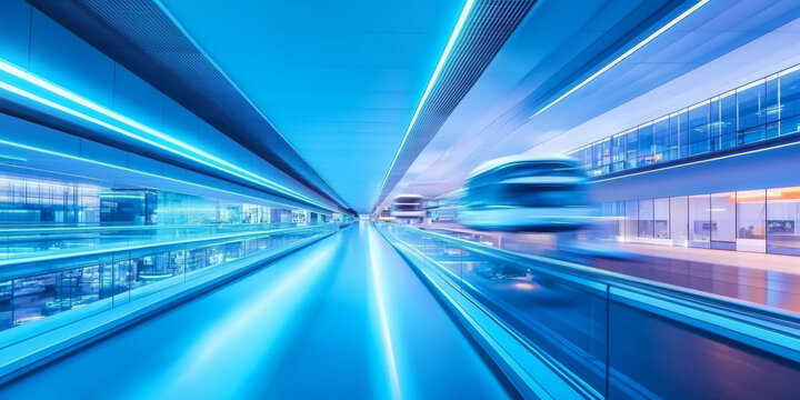 A futuristic transportation hub with sleek architecture, glowing blue walkways, and hovering vehicles. The scene is vibrant and full of motion, ideal for sci-fi themes.