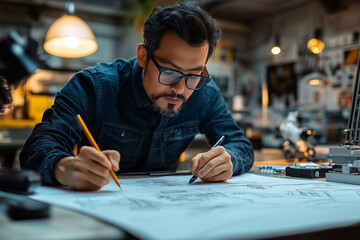 Modern industrial designer engaging in creative sketching at a workspace