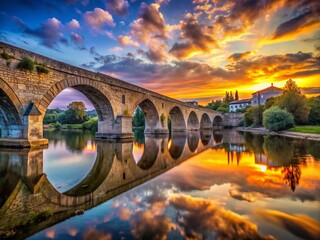 Fototapeta premium A stunning sunset casts a warm glow over a Roman bridge, its stone arches beautifully illuminated in the enchanting evening light, creating a picturesque view.