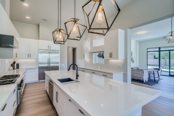 Modern Kitchen Design with White Cabinetry and Geometric Pendant Lighting