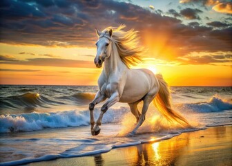 A stunning white horse gallops along the beach at sunset, capturing the essence of equine beauty in a captivating portrait by the sea's edge.