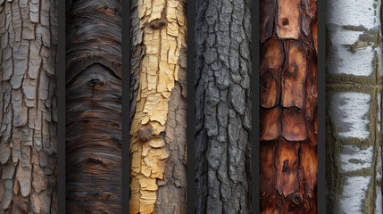 Fototapeta premium Explore the diverse textures of tree bark varieties from different regions during golden hour light