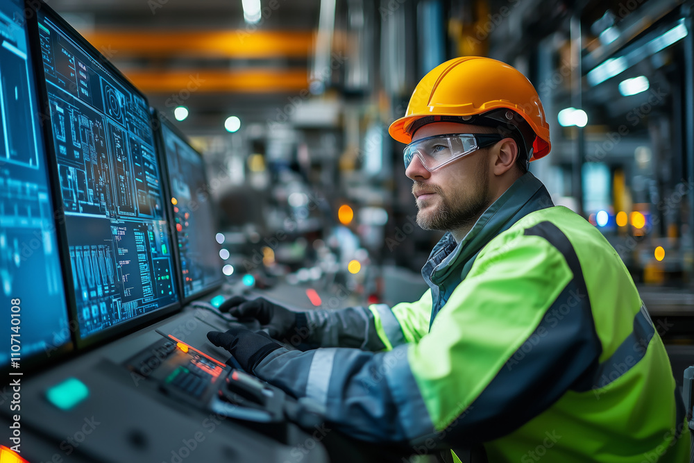 Poster Modern worker engaging with high-tech controls in a bustling factory environment